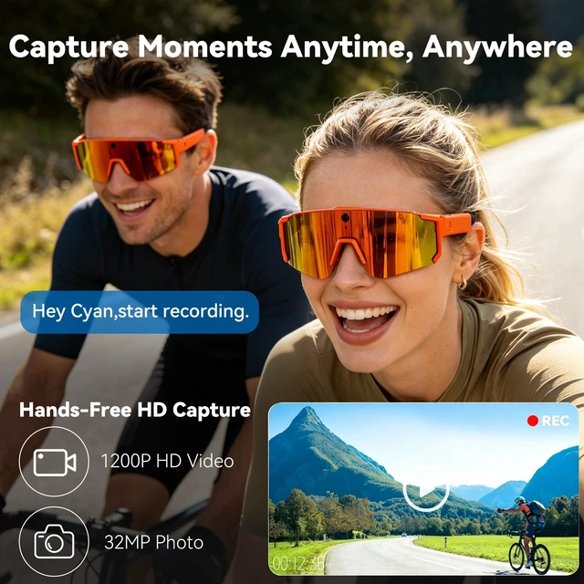 Alt view image 3 of 7 - AI Smart Glasses with Camera, 4K HD Stabilized Video Recording Glasses Waterproof Bluetooth Sunglasses with Ai Assistant, Touch Control, UV Protection for Cycling Skiing Outdoor Sports Orange
