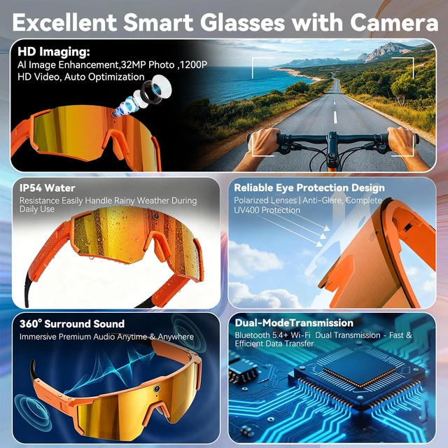 Alt view image 4 of 7 - AI Smart Glasses with Camera, 4K HD Stabilized Video Recording Glasses Waterproof Bluetooth Sunglasses with Ai Assistant, Touch Control, UV Protection for Cycling Skiing Outdoor Sports Orange