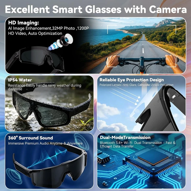 Alt view image 3 of 7 - AI Smart Glasses with Camera, 4K HD Stabilized Video Recording Glasses, Waterproof Bluetooth Sunglasses with Ai Assistant, Touch Control, UV Protection for Cycling Hiking Outdoor Sports