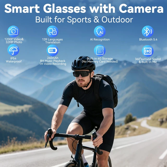 Alt view image 2 of 7 - AI Smart Glasses with Camera, 4K HD Stabilized Video Recording Glasses, Waterproof Bluetooth Sunglasses with Ai Assistant, Touch Control, UV Protection for Cycling Hiking Outdoor Sports