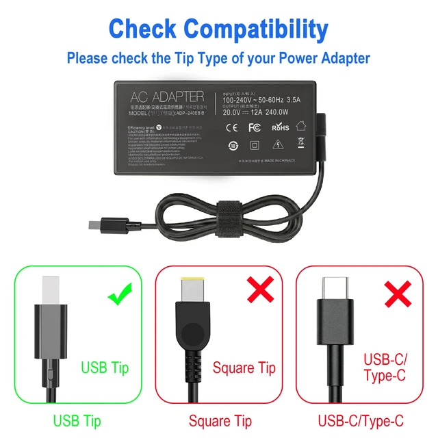 Alt view image 3 of 7 - 240W Laptop Charger for ASUS ROG Zephyrus TUF Gaming Power Adapter pin Compatible with Zephyrus G14 G16 Flow Z13 TUF A14 A16 A18 ProArt P16 PX13 Model GU605 GA605 GA403 FA808 FA401 FA608 Multiple