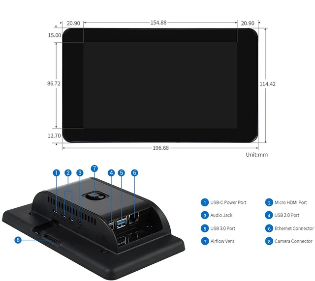 Alt view image 2 of 7 - 7 Inch DSI LCD Screen with Case for Raspberry Pi 4B, 800×480 Capacitive Touch Screen Monitor Support Raspbian/Ubuntu/Kali/Win 10 IoT