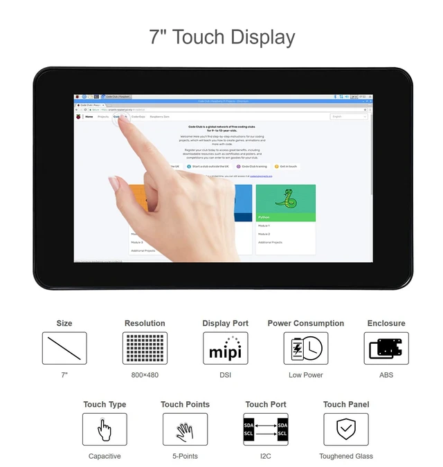Alt view image 4 of 7 - 7 Inch DSI LCD Screen with Case for Raspberry Pi 4B, 800×480 Capacitive Touch Screen Monitor Support Raspbian/Ubuntu/Kali/Win 10 IoT