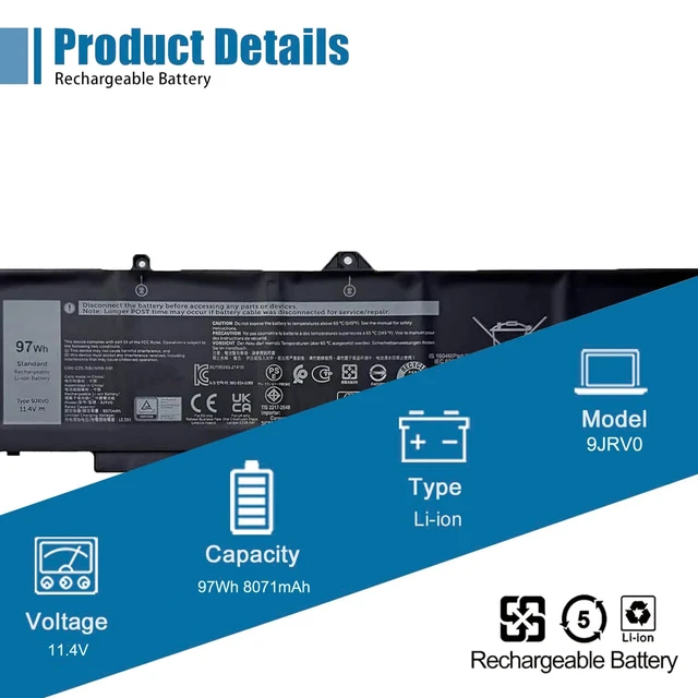 Alt view image 3 of 7 - 9JRV0 Laptop Battery Replacement for Dell Latitude 5521 5531 Precision 3561 3571 3581 3591 Series Notebook 05RGW 0R05P0 11.4V 97Wh 8071mAh