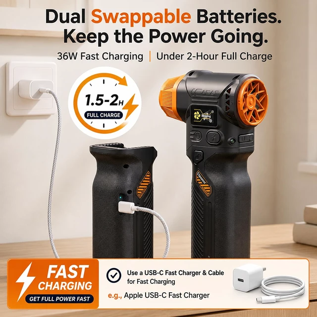 Alt view image 7 of 7 - J40 Compressed Air Duster, 2 Swappable Batteries, Powerful Air Blower 98.5m/s Hurricane Airflow, Variable-Speed, Smart Display, Under 2-Hour Full Charge, Dual LED Lights, PC · Car · Home Cleaning