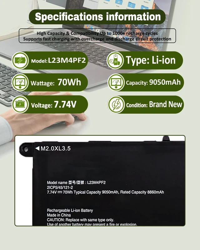Alt view image 4 of 6 - 70Wh L23M4PF2 L23C4PF2 Battery for Lenovo Yoga Slim 7 14Q8X9 (Type 83ED) For Parts Number SB11N42052 5B11N42051 SB11N42050 5B11N42049 - 9050mAh 7.74