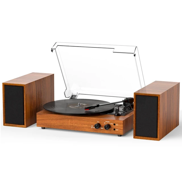 Main image of Vinyl Record Player with 2 External Speakers, PC Recording, Brown 3-speed belt-drive turntable, Bluetooth input, RCA/AUX/headphone, vintage home audio for bedrooms, living rooms and gifts