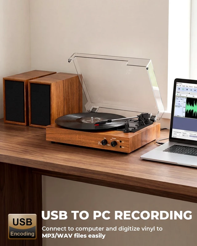 Alt view image 3 of 7 - Vinyl Record Player with 2 External Speakers, PC Recording, Brown 3-speed belt-drive turntable, Bluetooth input, RCA/AUX/headphone, vintage home audio for bedrooms, living rooms and gifts