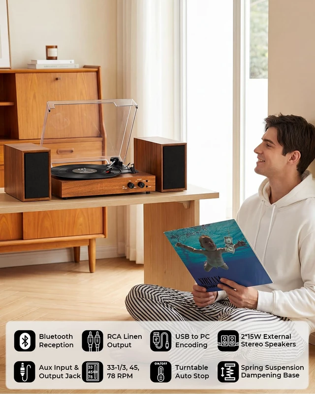 Alt view image 5 of 7 - Vinyl Record Player with 2 External Speakers, PC Recording, Brown 3-speed belt-drive turntable, Bluetooth input, RCA/AUX/headphone, vintage home audio for bedrooms, living rooms and gifts