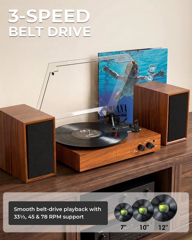 Alt view image 7 of 7 - Vinyl Record Player with 2 External Speakers, PC Recording, Brown 3-speed belt-drive turntable, Bluetooth input, RCA/AUX/headphone, vintage home audio for bedrooms, living rooms and gifts