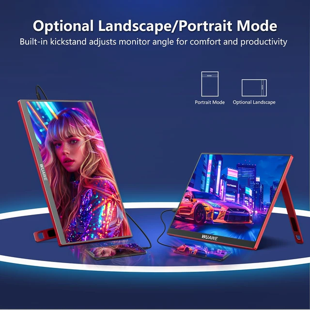Alt view image 7 of 7 - Portable Monitor 16 inch Gift for Girls, 1920x1200P FHD 100% sRGB for Drawing & Design, USB C HDMI External Screen Ultra-Thin Metal for Laptop/Mac/Phone/Xbox/PS5(Red)