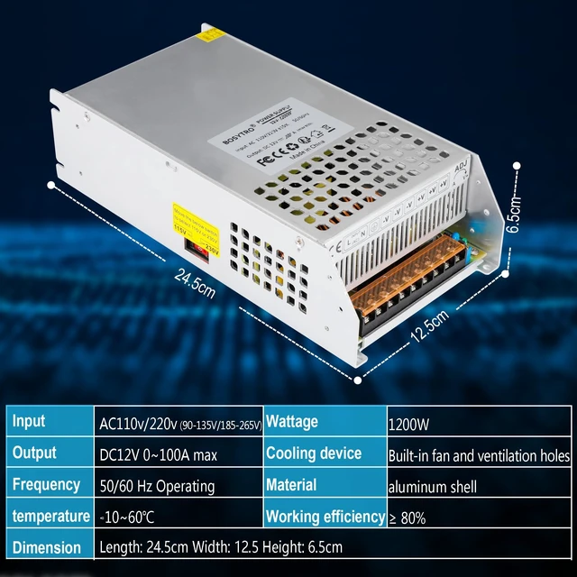 Alt view image 2 of 7 - DC 12V 100A 1200W Switching Power Supply Adapter PSU AC 110V / 220V-DC 12V Transformer Adapter, for LED Strip Light, CCTV Camera Security System,Computer Project of Industrial Power Supplies