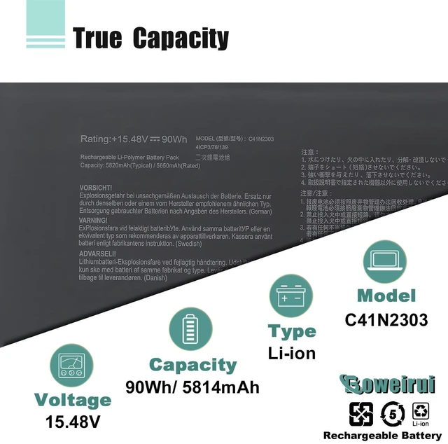 Alt view image 3 of 7 - C41N2303 Battery for ASUS ROG Zephyrus G16 GU605M GA605 GU605MV GU605MI GU605MV TUF Gaming A16 FA608 FA608WU FA608WV FA608WI Series 0B200-04450000 15.48V 90Wh 5814mAh