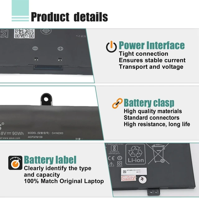 Alt view image 4 of 7 - C41N2303 Battery for ASUS ROG Zephyrus G16 GU605M GA605 GU605MV GU605MI GU605MV TUF Gaming A16 FA608 FA608WU FA608WV FA608WI Series 0B200-04450000 15.48V 90Wh 5814mAh