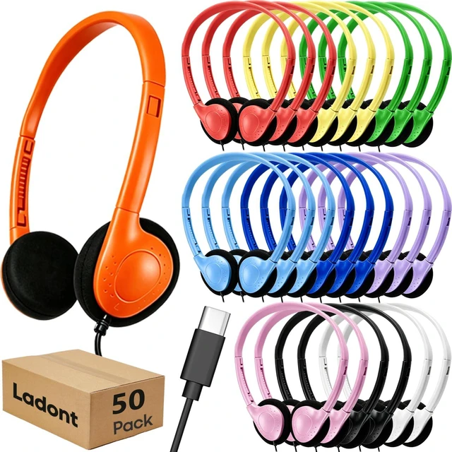 Main image of Class Set Headphones Type-C (50 Pack), Durable Kids Wired Headphones for Chromebook & Laptop, Bulk School Headphones for Students Teens Boys Girls, Wholesale USB C Headset with Mixed Colors