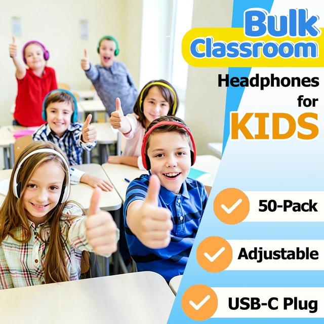Alt view image 2 of 7 - Class Set Headphones Type-C (50 Pack), Durable Kids Wired Headphones for Chromebook & Laptop, Bulk School Headphones for Students Teens Boys Girls, Wholesale USB C Headset with Mixed Colors