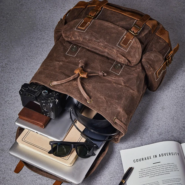 Alt view image 2 of 6 - Heavy-Duty Waxed Canvas Rucksack Backpack Vintage Waxed Canvas Backpack with Leather Trim, Fits Laptop and Essentials for Travel and Daily Carry