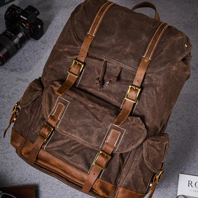 Alt view image 4 of 6 - Heavy-Duty Waxed Canvas Rucksack Backpack Vintage Waxed Canvas Backpack with Leather Trim, Fits Laptop and Essentials for Travel and Daily Carry