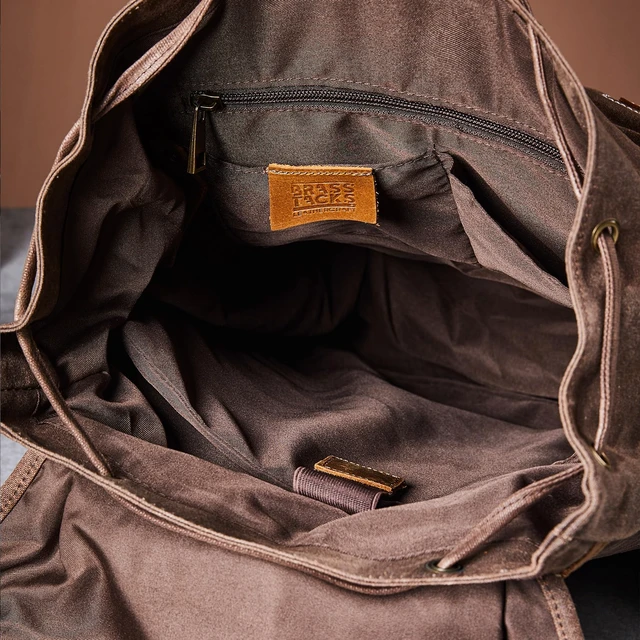 Alt view image 5 of 6 - Heavy-Duty Waxed Canvas Rucksack Backpack Vintage Waxed Canvas Backpack with Leather Trim, Fits Laptop and Essentials for Travel and Daily Carry