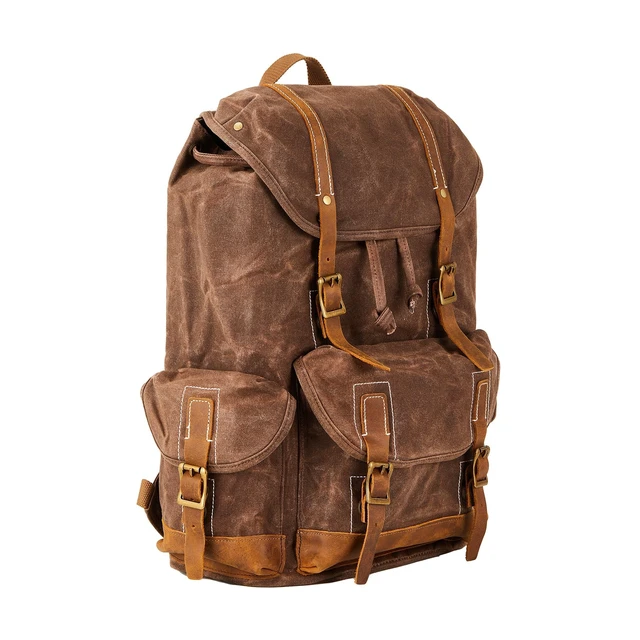 Alt view image 6 of 6 - Heavy-Duty Waxed Canvas Rucksack Backpack Vintage Waxed Canvas Backpack with Leather Trim, Fits Laptop and Essentials for Travel and Daily Carry