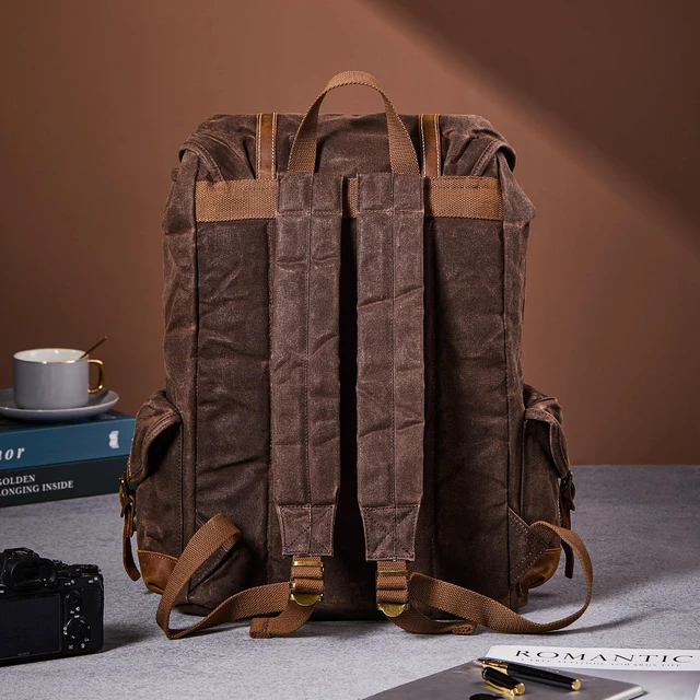 Alt view image 3 of 6 - Heavy-Duty Waxed Canvas Rucksack Backpack Vintage Waxed Canvas Backpack with Leather Trim, Fits Laptop and Essentials for Travel and Daily Carry