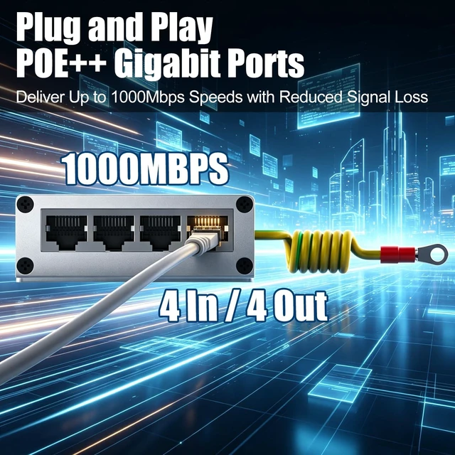 Alt view image 2 of 7 - 4-Port (4 in/4 Out) RJ45 Ethernet Surge Protector, 10KV Lightning Arrestor, PoE++ Compatible, Gigabit Speed, GDT Technology, Metal Shielded, CAT5/CAT6, Wide Temperature with Flange Mount