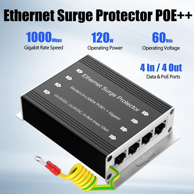 Alt view image 3 of 7 - 4-Port (4 in/4 Out) RJ45 Ethernet Surge Protector, 10KV Lightning Arrestor, PoE++ Compatible, Gigabit Speed, GDT Technology, Metal Shielded, CAT5/CAT6, Wide Temperature with Flange Mount