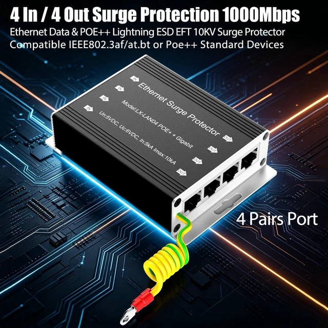 Alt view image 4 of 7 - 4-Port (4 in/4 Out) RJ45 Ethernet Surge Protector, 10KV Lightning Arrestor, PoE++ Compatible, Gigabit Speed, GDT Technology, Metal Shielded, CAT5/CAT6, Wide Temperature with Flange Mount