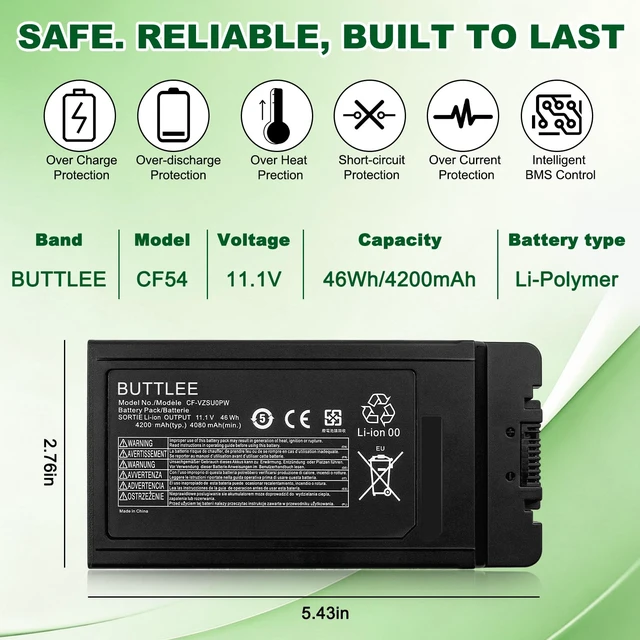 Alt view image 4 of 7 - CF-54 Battery for Panasonic Toughbook CF-54 Series Compatible with CF-VZSU0PR CF-VZSU0PW CF-VZSU0GW Replaces CF-54 Mk1 Mk2 Mk3 54 Gloved Multi Touch