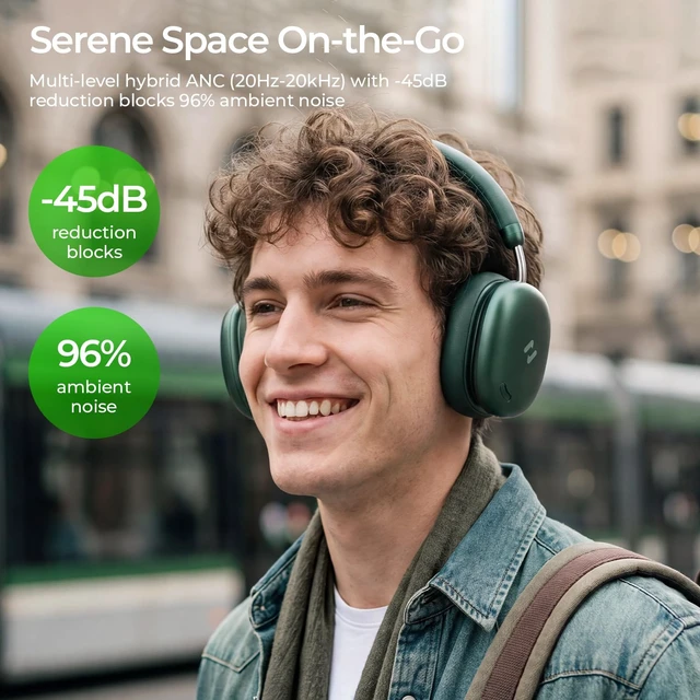Alt view image 2 of 7 - Space S1 ANC Bluetooth Headphones, Green Hybrid ANC blocks noise for travel, work, and study; 100H battery, Hi-Res LHDC sound, 5-mic calls