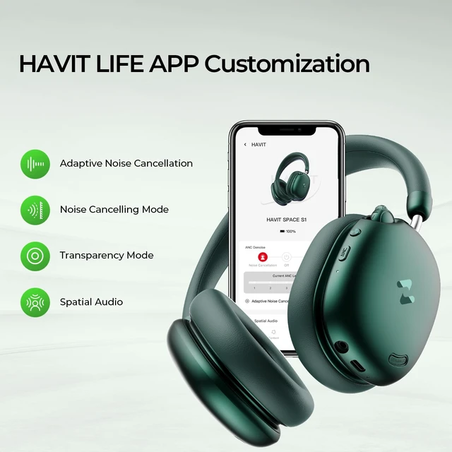 Alt view image 7 of 7 - Space S1 ANC Bluetooth Headphones, Green Hybrid ANC blocks noise for travel, work, and study; 100H battery, Hi-Res LHDC sound, 5-mic calls