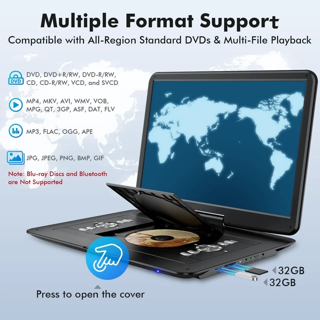 Alt view image 3 of 7 - 17.9" Portable DVD Player with 15.6" HD Swivel Screen, 6 Hours Rechargeable Battery, Large DVD Player Portable Support MP4, MKV Video & USB/SD Card/Sync TV, High Volume Speaker, All Regions