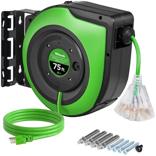 Main image of Retractable Cord Reel, 75 FT Heavy Duty Extension Cord, 14AWG/3C SJTOW, 3 Grounded Outlets Lighted Triple Tap, 10A Circuit Breaker, Wall/Ceiling Mounted, UL Listed, Green J75CR06