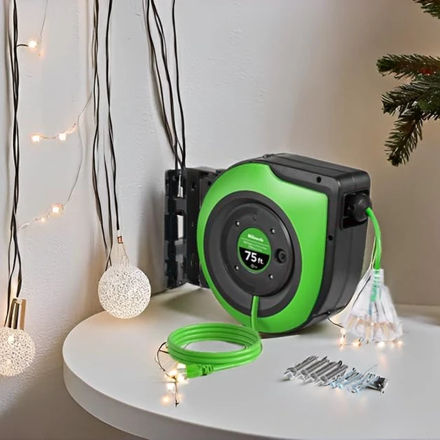 Alt view image 3 of 7 - Retractable Cord Reel, 75 FT Heavy Duty Extension Cord, 14AWG/3C SJTOW, 3 Grounded Outlets Lighted Triple Tap, 10A Circuit Breaker, Wall/Ceiling Mounted, UL Listed, Green J75CR06