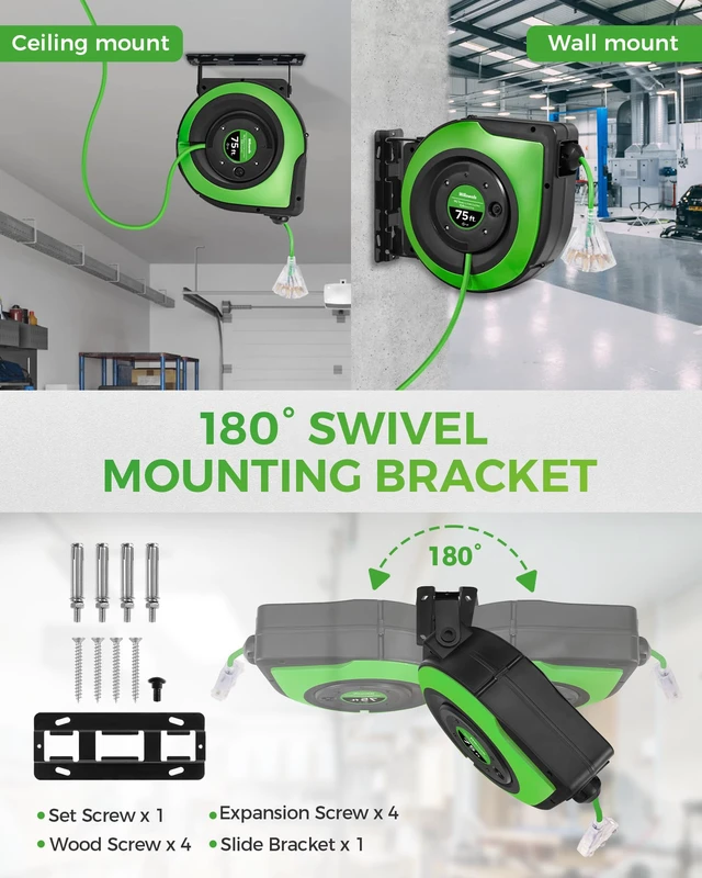Alt view image 2 of 7 - Retractable Cord Reel, 75 FT Heavy Duty Extension Cord, 14AWG/3C SJTOW, 3 Grounded Outlets Lighted Triple Tap, 10A Circuit Breaker, Wall/Ceiling Mounted, UL Listed, Green J75CR06