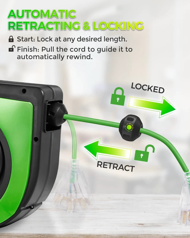 Alt view image 4 of 7 - Retractable Cord Reel, 75 FT Heavy Duty Extension Cord, 14AWG/3C SJTOW, 3 Grounded Outlets Lighted Triple Tap, 10A Circuit Breaker, Wall/Ceiling Mounted, UL Listed, Green J75CR06