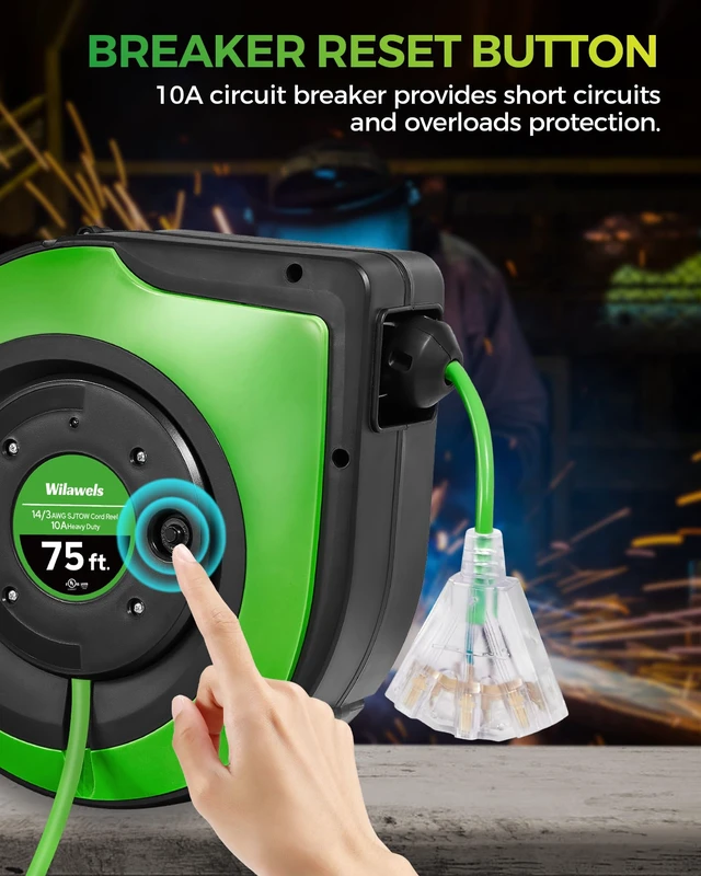 Alt view image 5 of 7 - Retractable Cord Reel, 75 FT Heavy Duty Extension Cord, 14AWG/3C SJTOW, 3 Grounded Outlets Lighted Triple Tap, 10A Circuit Breaker, Wall/Ceiling Mounted, UL Listed, Green J75CR06