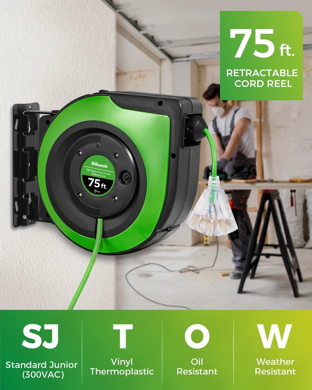 Alt view image 7 of 7 - Retractable Cord Reel, 75 FT Heavy Duty Extension Cord, 14AWG/3C SJTOW, 3 Grounded Outlets Lighted Triple Tap, 10A Circuit Breaker, Wall/Ceiling Mounted, UL Listed, Green J75CR06