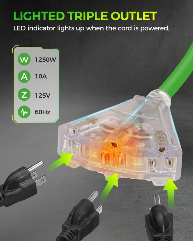 Alt view image 6 of 7 - Retractable Cord Reel, 75 FT Heavy Duty Extension Cord, 14AWG/3C SJTOW, 3 Grounded Outlets Lighted Triple Tap, 10A Circuit Breaker, Wall/Ceiling Mounted, UL Listed, Green J75CR06