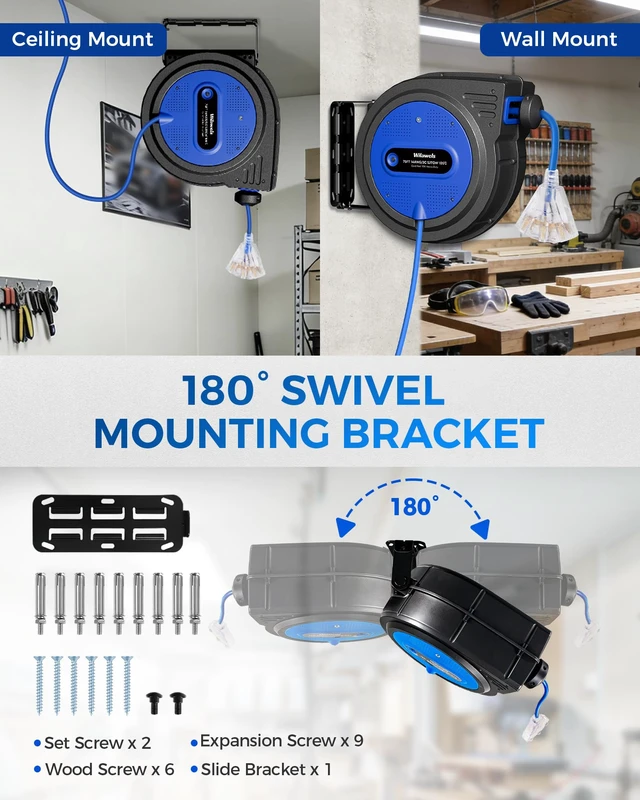 Alt view image 5 of 7 - 75 FT Retractable Extension Cord Reel, Heavy Duty Extension Cord, 14AWG/3C SJTOW, 3 Grounded Outlets Lighted Triple Tap, 10A Circuit Breaker, Wall/Ceiling Mounted, ETL Listed, Blue U75ACR06