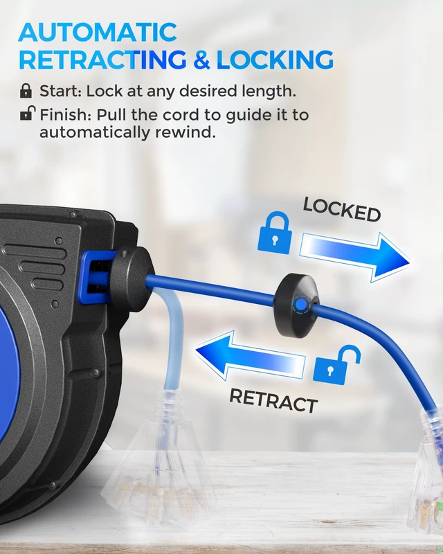 Alt view image 6 of 7 - 75 FT Retractable Extension Cord Reel, Heavy Duty Extension Cord, 14AWG/3C SJTOW, 3 Grounded Outlets Lighted Triple Tap, 10A Circuit Breaker, Wall/Ceiling Mounted, ETL Listed, Blue U75ACR06