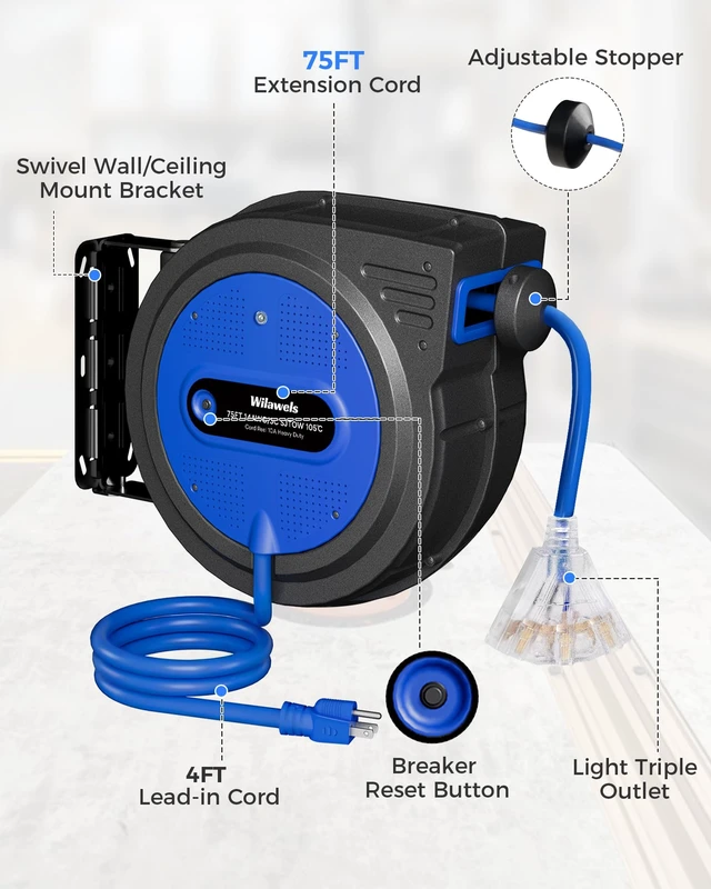 Alt view image 7 of 7 - 75 FT Retractable Extension Cord Reel, Heavy Duty Extension Cord, 14AWG/3C SJTOW, 3 Grounded Outlets Lighted Triple Tap, 10A Circuit Breaker, Wall/Ceiling Mounted, ETL Listed, Blue U75ACR06