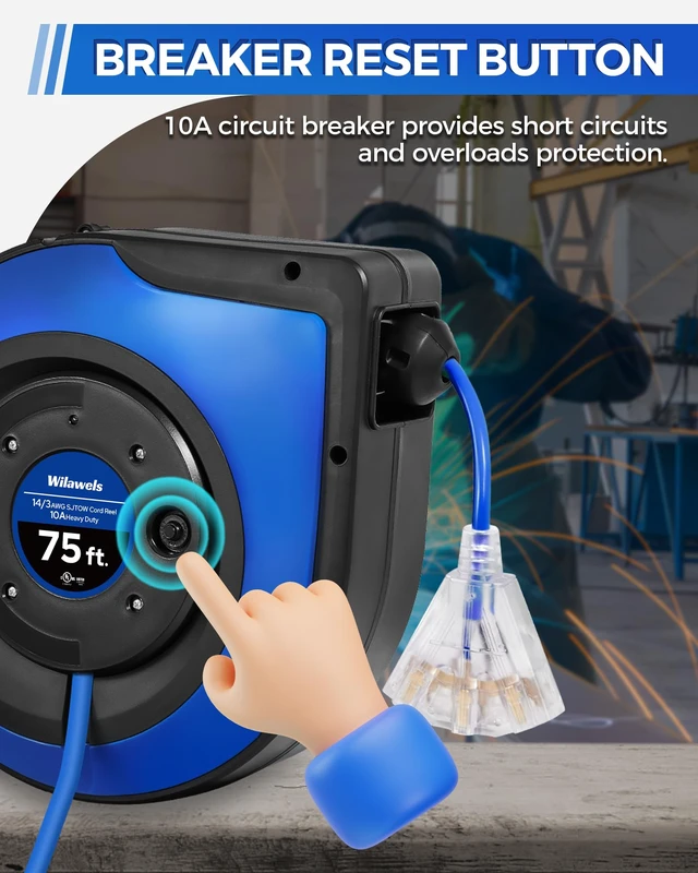 Alt view image 5 of 7 - Retractable Cord Reel, 75 FT Heavy Duty Extension Cord, 14AWG/3C SJTOW, 3 Grounded Outlets Lighted Triple Tap, 10A Circuit Breaker, Wall/Ceiling Mounted, UL Listed, Blue U75CR06