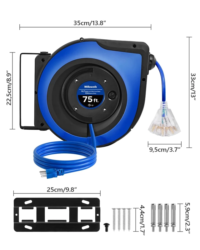 Alt view image 7 of 7 - Retractable Cord Reel, 75 FT Heavy Duty Extension Cord, 14AWG/3C SJTOW, 3 Grounded Outlets Lighted Triple Tap, 10A Circuit Breaker, Wall/Ceiling Mounted, UL Listed, Blue U75CR06