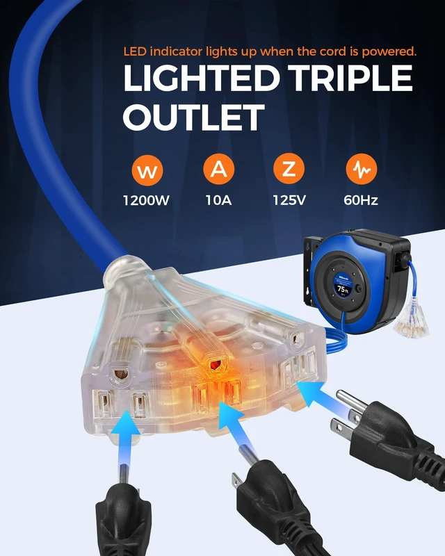 Alt view image 6 of 7 - Retractable Cord Reel, 75 FT Heavy Duty Extension Cord, 14AWG/3C SJTOW, 3 Grounded Outlets Lighted Triple Tap, 10A Circuit Breaker, Wall/Ceiling Mounted, UL Listed, Blue U75CR06