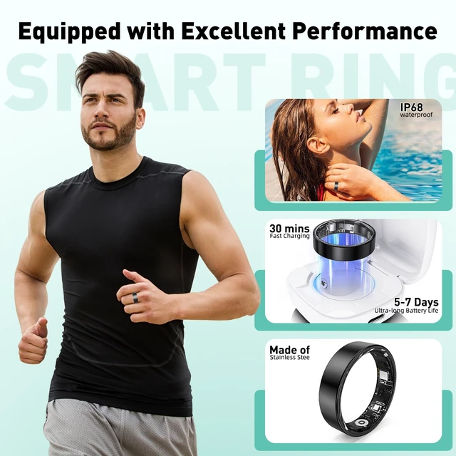 Alt view image 4 of 6 - Smart Ring with Sleep Monitoring, Step Counting, Heart Rate, Blood Oxygen for iOS and Android, No Subscription Fee, IP68 Waterproof Health Tracker (Silver, 11)