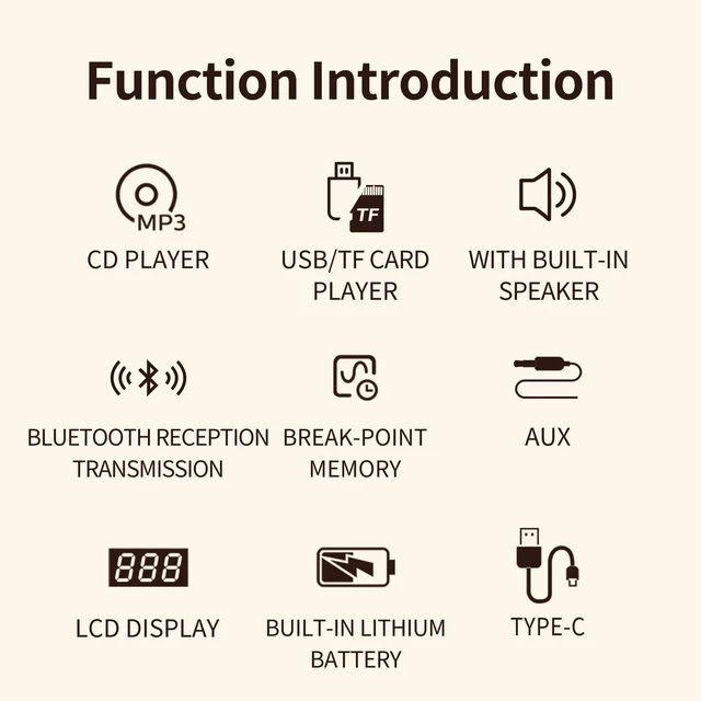 Alt view image 2 of 7 - CD Player Porteble with Built-in Speaker, Bluetooth Transmit & Receive, Desktop Stereo Player, Rechargeable Battery, Remote Control, Supports USB/TF Card/AUX CD-2