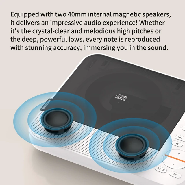 Alt view image 4 of 7 - CD Player Porteble with Built-in Speaker, Bluetooth Transmit & Receive, Desktop Stereo Player, Rechargeable Battery, Remote Control, Supports USB/TF Card/AUX CD-2