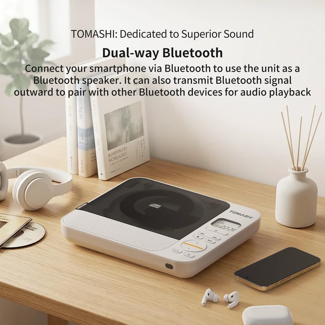 Alt view image 5 of 7 - CD Player Porteble with Built-in Speaker, Bluetooth Transmit & Receive, Desktop Stereo Player, Rechargeable Battery, Remote Control, Supports USB/TF Card/AUX CD-2