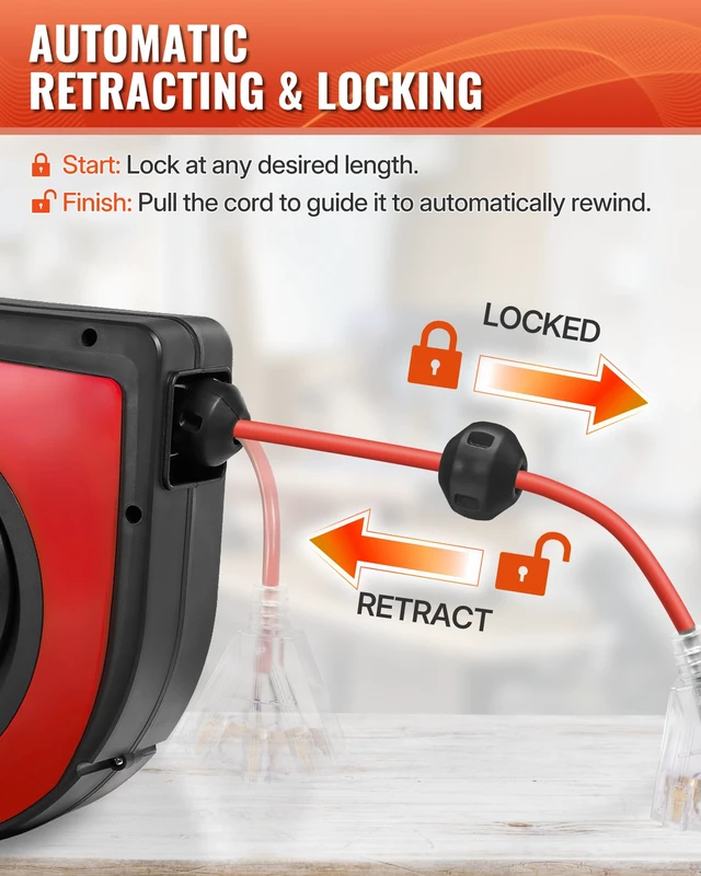 Alt view image 5 of 7 - Retractable Extension Cord Reel, 75 FT Heavy Duty Extension Cord, 14AWG/3C SJTOW, 3 Grounded Outlets Lighted Triple Tap, 10A Circuit Breaker, Wall/Ceiling Mounted, UL Listed, Red R75CR06